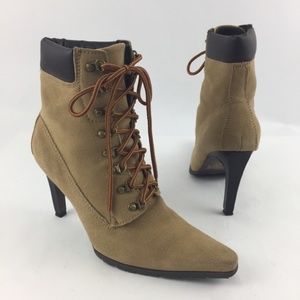 Tan Pointed Toe Suede Leather Lace Up Booties